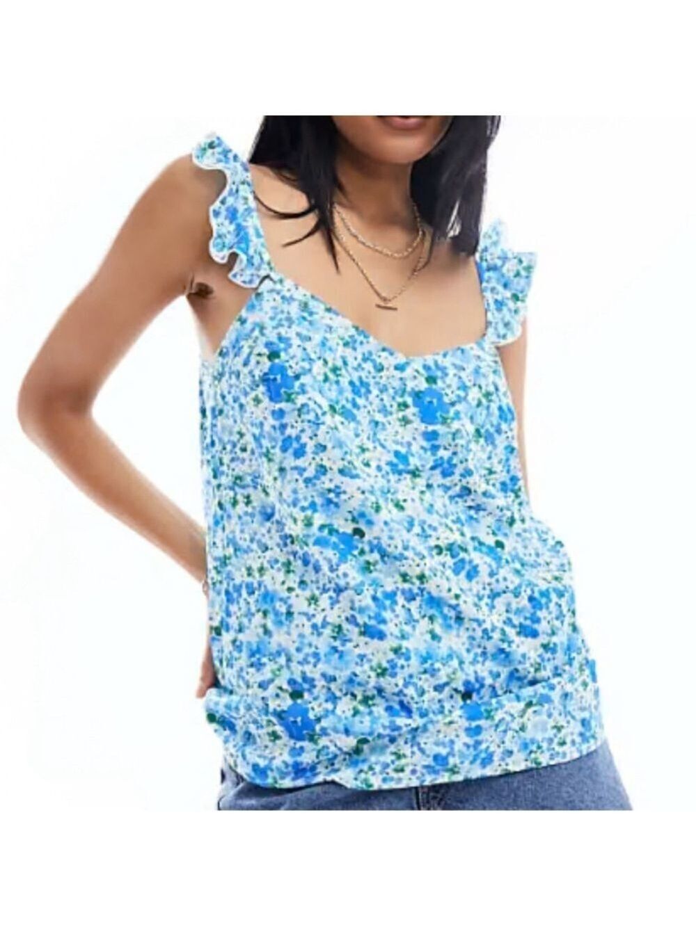 EILEEN WEST floral pajama top camisole 100% cotton button up ruffle straps blue